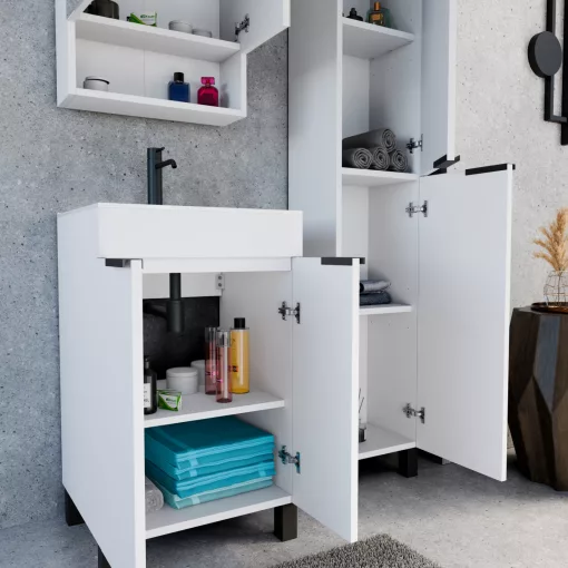 HD Paris Matt White 50 komplett fürdőszoba bútor álló mosdószekrénnyel, matt fekete elemekkel és tükrös szekrénnyel