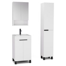 HD Paris Matt White 50 komplett fürdőszoba bútor szett álló mosdószekrénnyel, matt fekete elemekkel, tükrös szekrénnyel és magasszekrénnyel