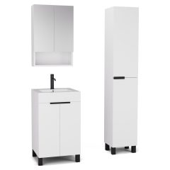   HD Paris Matt White 50 komplett fürdőszoba bútor szett álló mosdószekrénnyel, matt fekete elemekkel, tükrös szekrénnyel és magasszekrénnyel
