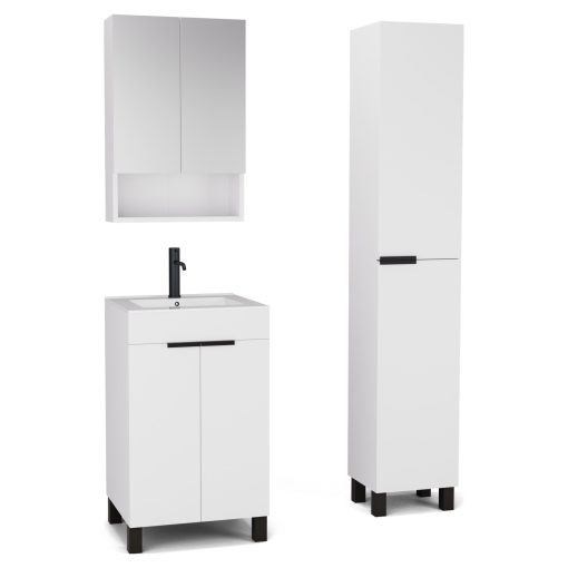HD Paris Matt White 50 komplett fürdőszoba bútor szett álló mosdószekrénnyel, matt fekete elemekkel, tükrös szekrénnyel és magasszekrénnyel