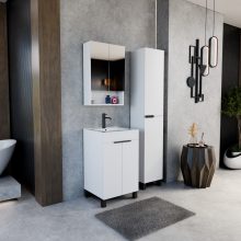 HD Paris Matt White 50 komplett fürdőszoba bútor szett álló mosdószekrénnyel, matt fekete elemekkel, tükrös szekrénnyel és magasszekrénnyel