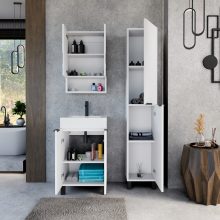 HD Paris Matt White 50 komplett fürdőszoba bútor szett álló mosdószekrénnyel, matt fekete elemekkel, tükrös szekrénnyel és magasszekrénnyel