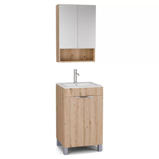 HD Paris Oak 50 komplett fürdőszoba bútor álló mosdószekrénnyel, fényes króm elemekkel és tükrös szekrénnyel
