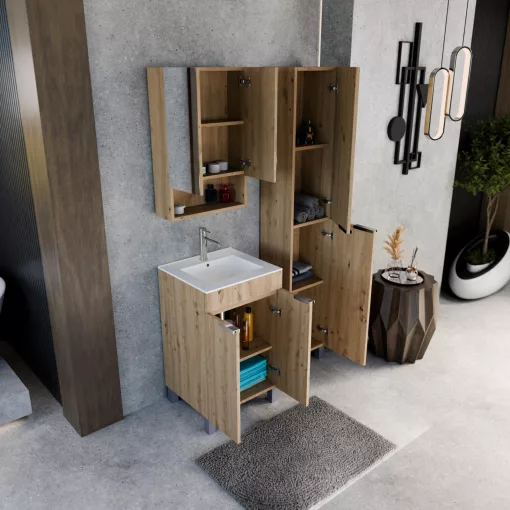 HD Paris Oak 50 komplett fürdőszoba bútor álló mosdószekrénnyel, fényes króm elemekkel és tükrös szekrénnyel