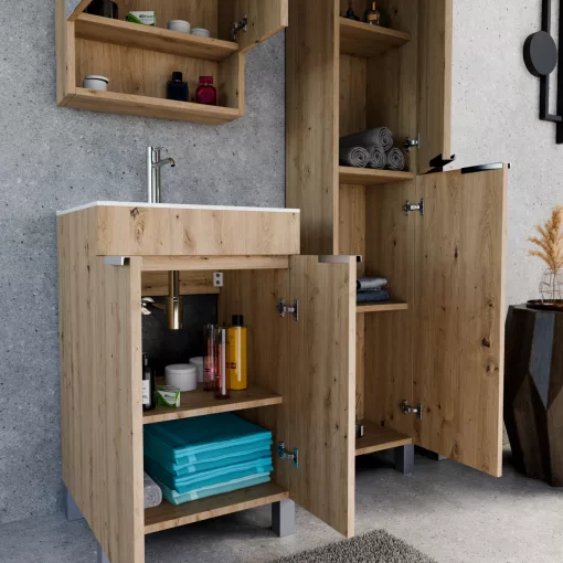 HD Paris Oak 50 komplett fürdőszoba bútor álló mosdószekrénnyel, fényes króm elemekkel és tükrös szekrénnyel