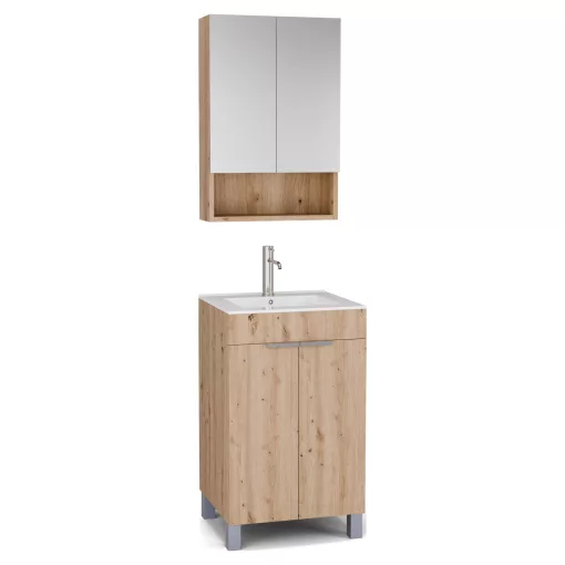 HD Paris Oak 50 komplett fürdőszoba bútor álló mosdószekrénnyel, szálcsiszolt króm elemekkel és tükrös szekrénnyel
