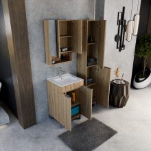 HD Paris Oak 50 komplett fürdőszoba bútor szett álló mosdószekrénnyel, szálcsiszolt króm elemekkel, tükrös szekrénnyel és magasszekrénnyel