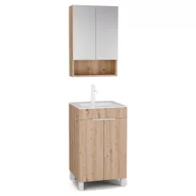 HD Paris Oak 50 komplett fürdőszoba bútor álló mosdószekrénnyel, matt fehér elemekkel és tükrös szekrénnyel