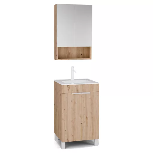 HD Paris Oak 50 komplett fürdőszoba bútor álló mosdószekrénnyel, matt fehér elemekkel és tükrös szekrénnyel