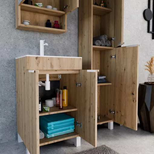 HD Paris Oak 50 komplett fürdőszoba bútor álló mosdószekrénnyel, matt fehér elemekkel és tükrös szekrénnyel