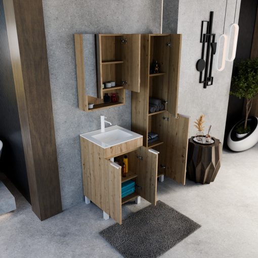 HD Paris Oak 50 komplett fürdőszoba bútor szett álló mosdószekrénnyel, matt fehér elemekkel, tükrös szekrénnyel és magasszekrénnyel
