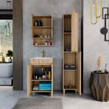 HD Paris Oak 50 komplett fürdőszoba bútor álló mosdószekrénnyel, szálcsiszolt arany elemekkel és tükrös szekrénnyel