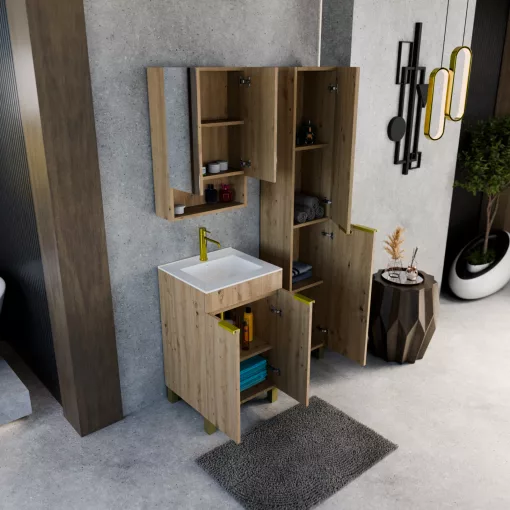 HD Paris Oak 50 komplett fürdőszoba bútor álló mosdószekrénnyel, szálcsiszolt arany elemekkel és tükrös szekrénnyel