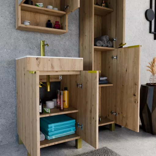 HD Paris Oak 50 komplett fürdőszoba bútor álló mosdószekrénnyel, szálcsiszolt arany elemekkel és tükrös szekrénnyel