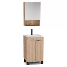 HD Paris Oak 50 komplett fürdőszoba bútor álló mosdószekrénnyel, matt fekete elemekkel és tükrös szekrénnyel