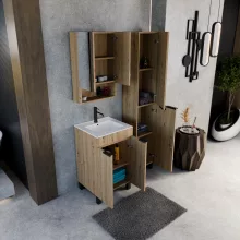 HD Paris Oak 50 komplett fürdőszoba bútor álló mosdószekrénnyel, matt fekete elemekkel és tükrös szekrénnyel