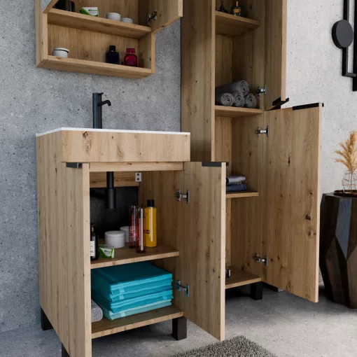 HD Paris Oak 50 komplett fürdőszoba bútor álló mosdószekrénnyel, matt fekete elemekkel és tükrös szekrénnyel