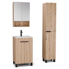   HD Paris Oak 50 komplett fürdőszoba bútor szett álló mosdószekrénnyel, matt fekete elemekkel, tükrös szekrénnyel és magasszekrénnyel