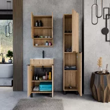 HD Paris Oak 50 komplett fürdőszoba bútor szett álló mosdószekrénnyel, matt fekete elemekkel, tükrös szekrénnyel és magasszekrénnyel