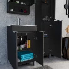 HD Paris Matt Black 50 komplett fürdőszoba bútor álló mosdószekrénnyel, fényes króm elemekkel és tükrös szekrénnyel