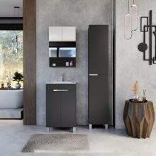 HD Paris Matt Black 50 komplett fürdőszoba bútor szett álló mosdószekrénnyel, fényes króm elemekkel, tükrös szekrénnyel és magasszekrénnyel