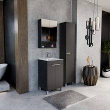 HD Paris Matt Black 50 komplett fürdőszoba bútor szett álló mosdószekrénnyel, fényes króm elemekkel, tükrös szekrénnyel és magasszekrénnyel