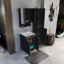 HD Paris Matt Black 50 komplett fürdőszoba bútor szett álló mosdószekrénnyel, fényes króm elemekkel, tükrös szekrénnyel és magasszekrénnyel