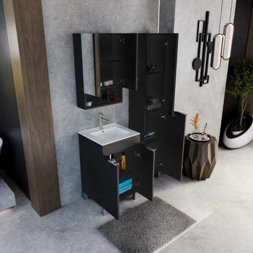 HD Paris Matt Black 50 komplett fürdőszoba bútor szett álló mosdószekrénnyel, fényes króm elemekkel, tükrös szekrénnyel és magasszekrénnyel