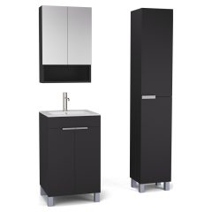   HD Paris Matt Black 50 komplett fürdőszoba bútor szett álló mosdószekrénnyel, szálcsiszolt króm elemekkel, tükrös szekrénnyel és magasszekrénnyel