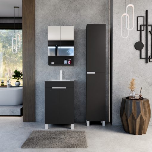 HD Paris Matt Black 50 komplett fürdőszoba bútor álló mosdószekrénnyel, matt fehér elemekkel és tükrös szekrénnyel