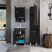 HD Paris Matt Black 50 komplett fürdőszoba bútor álló mosdószekrénnyel, matt fehér elemekkel és tükrös szekrénnyel