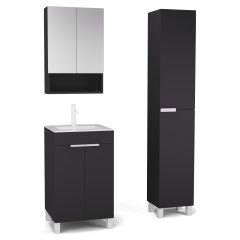   HD Paris Matt Black 50 komplett fürdőszoba bútor szett álló mosdószekrénnyel, matt fehér elemekkel, tükrös szekrénnyel és magasszekrénnyel
