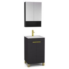   HD Paris Matt Black 50 komplett fürdőszoba bútor álló mosdószekrénnyel, szálcsiszolt arany elemekkel és tükrös szekrénnyel