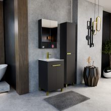 HD Paris Matt Black 50 komplett fürdőszoba bútor álló mosdószekrénnyel, szálcsiszolt arany elemekkel és tükrös szekrénnyel