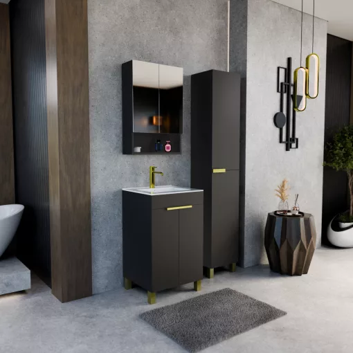 HD Paris Matt Black 50 komplett fürdőszoba bútor álló mosdószekrénnyel, szálcsiszolt arany elemekkel és tükrös szekrénnyel