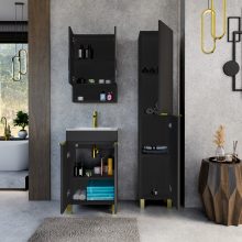 HD Paris Matt Black 50 komplett fürdőszoba bútor álló mosdószekrénnyel, szálcsiszolt arany elemekkel és tükrös szekrénnyel