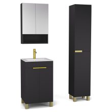 HD Paris Matt Black 50 komplett fürdőszoba bútor szett álló mosdószekrénnyel, szálcsiszolt arany elemekkel, tükrös szekrénnyel és magasszekrénnyel