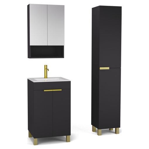 HD Paris Matt Black 50 komplett fürdőszoba bútor szett álló mosdószekrénnyel, szálcsiszolt arany elemekkel, tükrös szekrénnyel és magasszekrénnyel