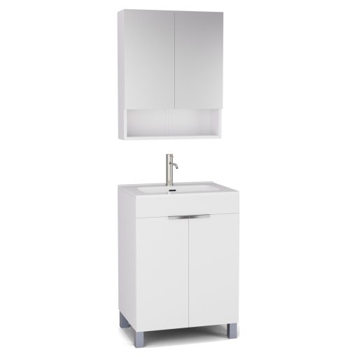 HD Paris Matt White 60 komplett fürdőszoba bútor álló mosdószekrénnyel, fényes króm elemekkel és tükrös szekrénnyel