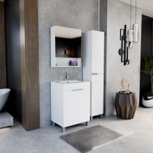 HD Paris Matt White 60 komplett fürdőszoba bútor szett álló mosdószekrénnyel, fényes króm elemekkel, tükrös szekrénnyel és magasszekrénnyel