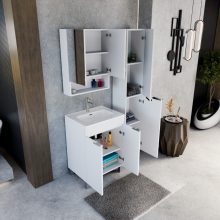 HD Paris Matt White 60 komplett fürdőszoba bútor szett álló mosdószekrénnyel, fényes króm elemekkel, tükrös szekrénnyel és magasszekrénnyel