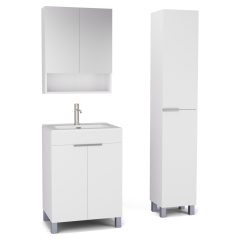   HD Paris Matt White 60 komplett fürdőszoba bútor szett álló mosdószekrénnyel, szálcsiszolt króm elemekkel, tükrös szekrénnyel és magasszekrénnyel