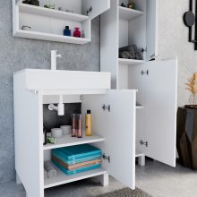 HD Paris Matt White 60 komplett fürdőszoba bútor álló mosdószekrénnyel, matt fehér elemekkel és tükrös szekrénnyel