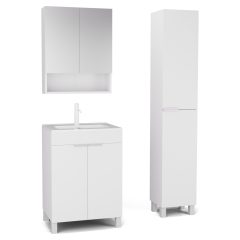   HD Paris Matt White 60 komplett fürdőszoba bútor szett álló mosdószekrénnyel, matt fehér elemekkel, tükrös szekrénnyel és magasszekrénnyel