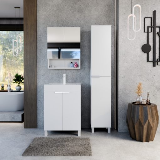 HD Paris Matt White 60 komplett fürdőszoba bútor szett álló mosdószekrénnyel, matt fehér elemekkel, tükrös szekrénnyel és magasszekrénnyel