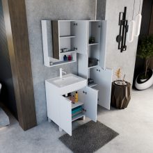 HD Paris Matt White 60 komplett fürdőszoba bútor szett álló mosdószekrénnyel, matt fehér elemekkel, tükrös szekrénnyel és magasszekrénnyel