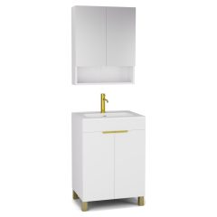   HD Paris Matt White 60 komplett fürdőszoba bútor álló mosdószekrénnyel, szálcsiszolt arany elemekkel és tükrös szekrénnyel