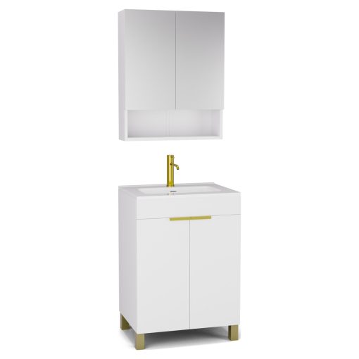 HD Paris Matt White 60 komplett fürdőszoba bútor álló mosdószekrénnyel, szálcsiszolt arany elemekkel és tükrös szekrénnyel