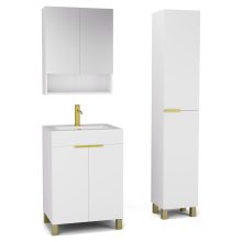 HD Paris Matt White 60 komplett fürdőszoba bútor szett álló mosdószekrénnyel, szálcsiszolt arany elemekkel, tükrös szekrénnyel és magasszekrénnyel