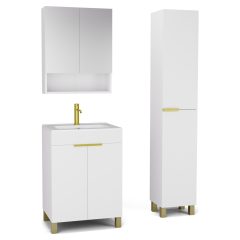   HD Paris Matt White 60 komplett fürdőszoba bútor szett álló mosdószekrénnyel, szálcsiszolt arany elemekkel, tükrös szekrénnyel és magasszekrénnyel